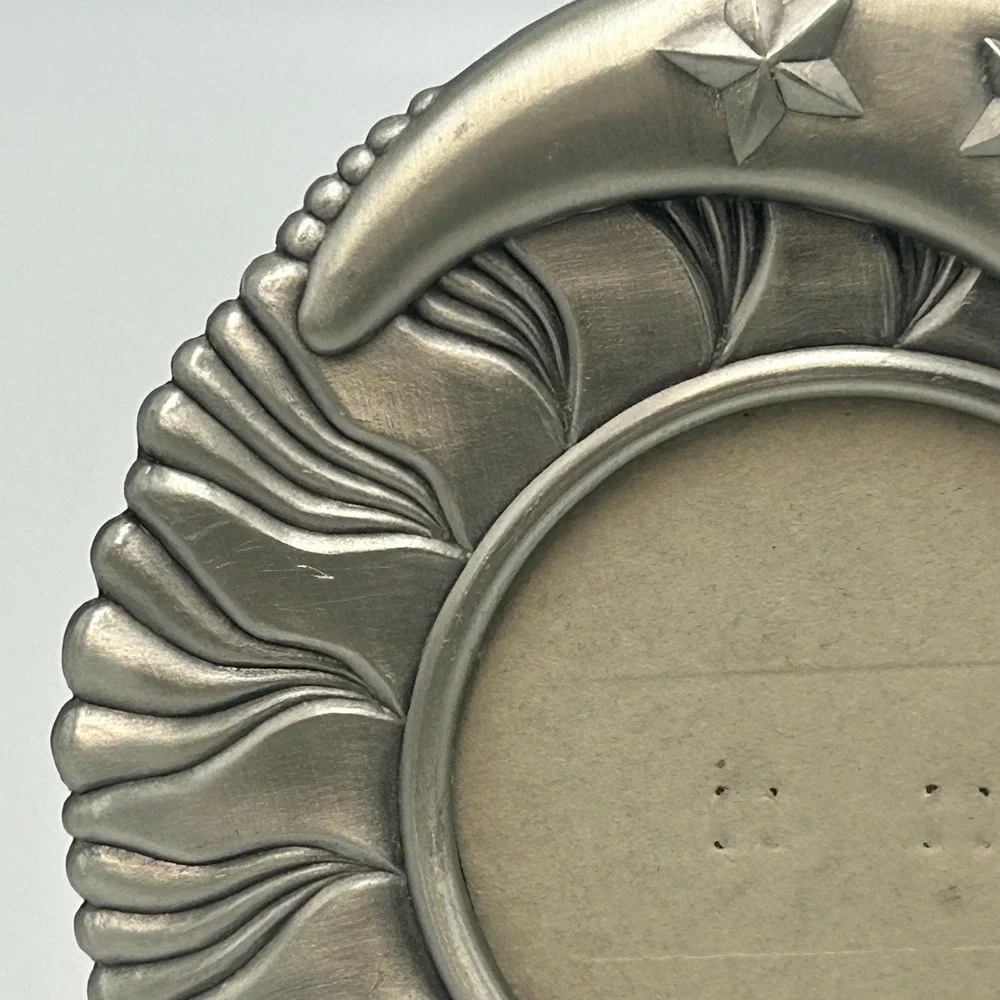 90s Celestial Moon Stars Sun 1994 Vintage Pewter Silver Metallic Photo Frame Pic
